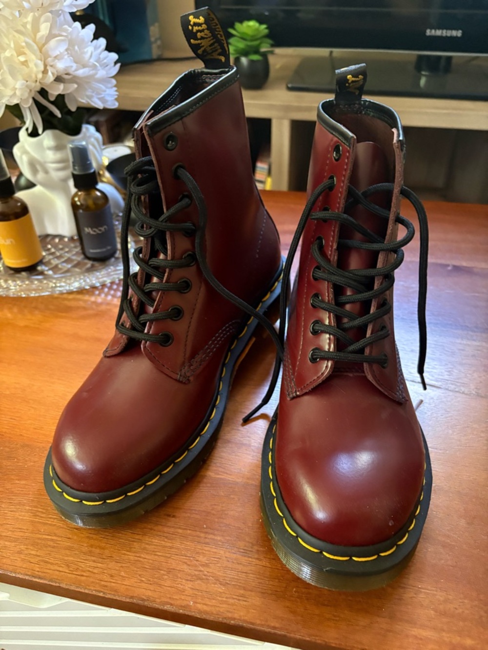 Dr. Martens Red Lace-Up Leather Boots with Black Laces